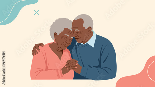 Loving elderly couple embracing and holding hands together with eyes closed representing a long lasting relationship and affection.