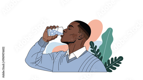 Handsome african american man drinking a refreshing glass of water while standing against a background with abstract leaf shapes.
