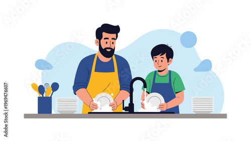 Father and young son working together to wash dirty dishes in a kitchen sink representing teamwork and teaching household chores.