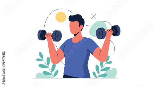 Athletic man performing a workout by lifting two heavy dumbbells in a fitness center or gym environment with abstract plant shapes.