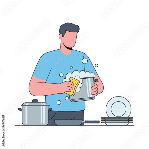 Man washing dishes, cleaning pots and pans with sponge and soap bubbles, domestic chores
