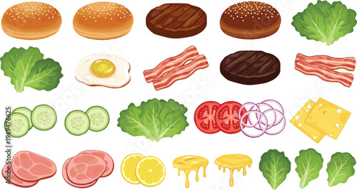 Classic Burger Ingredients Set with Buns, Eggs, Bacon, Cheese, and Vegetables for Making Delicious Burgers
