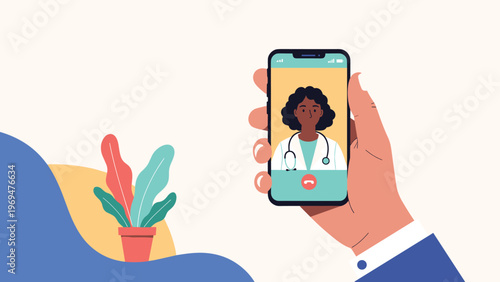 Person holding a smartphone during a video call with a professional female doctor for a remote medical consultation or telemedicine.