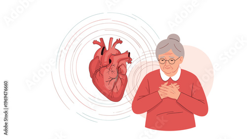 Senior woman feeling unwell and clutching her chest due to heart pain or a cardiac emergency with an anatomical heart icon nearby.