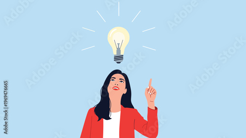 Young woman pointing up toward a glowing light bulb above her head representing a sudden creative idea or successful problem solving.