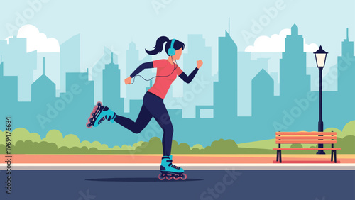 Young woman wearing headphones and rollerblading along a city park path with a urban skyline background during her morning exercise.