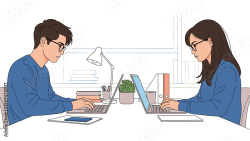 Male and female colleagues sitting at a desk and working intensely on their laptops in a modern office or coworking space environment.
