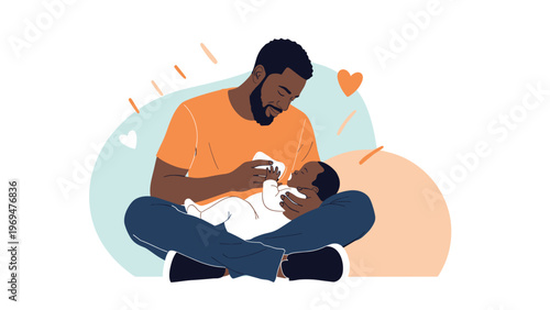 Loving father sitting on the floor and bottle feeding his newborn baby boy in a gentle and caring manner in a flat vector style.