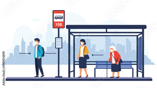 Group of people wearing medical masks and maintaining social distance while waiting at a city bus stop during a health pandemic event.