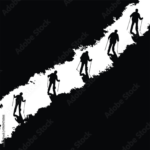 Group of Hikers Silhouette Trekking on a Bright Path Through Dark Rocky Terrain