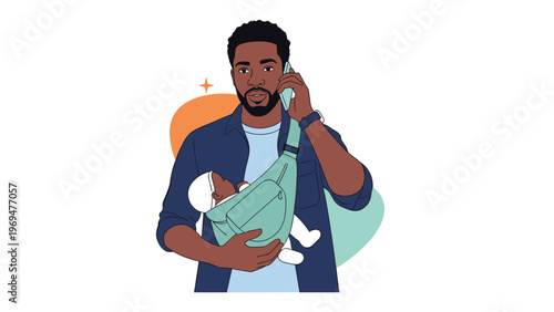 Busy father multitasking by carrying his sleeping infant in a baby carrier while talking on his smartphone during a daily routine.