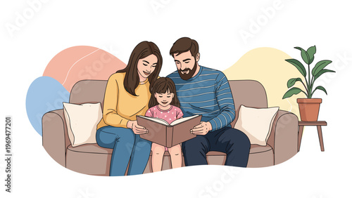 Caring parents sitting on a couch with their young daughter while reading a storybook together to encourage literacy and family bonding.