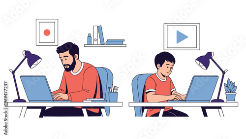 Father and son sitting at their respective desks and using laptops to work and study together in a productive home environment.