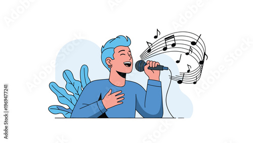 Joyful man with blue hair singing into a microphone with musical notes floating around him during a passionate vocal performance.