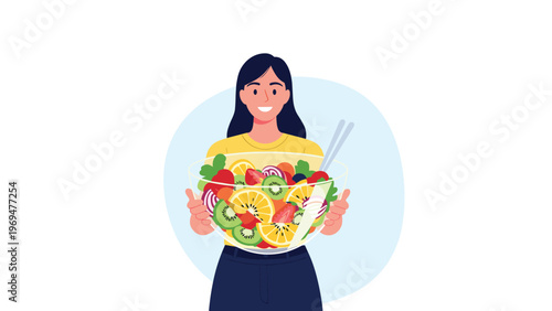 Happy young woman holding a large transparent bowl filled with a colorful variety of fresh fruits as part of a healthy diet.