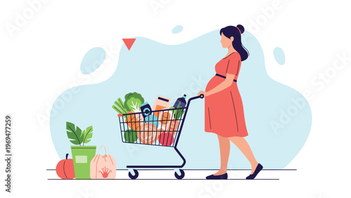 Pregnant woman in a red dress pushing a shopping cart full of healthy groceries and vegetables through a supermarket aisle.