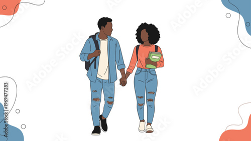 Young African American couple holding hands while walking together outdoors in casual clothing to enjoy a romantic date together.