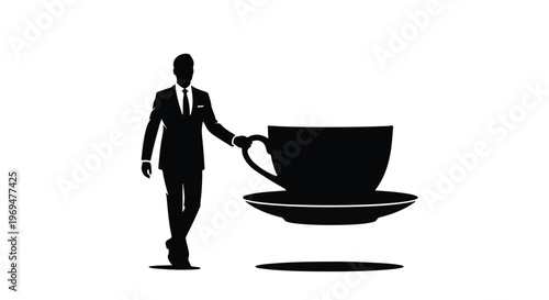 Silhouette of a man in a suit walking next to a large, floating teacup
