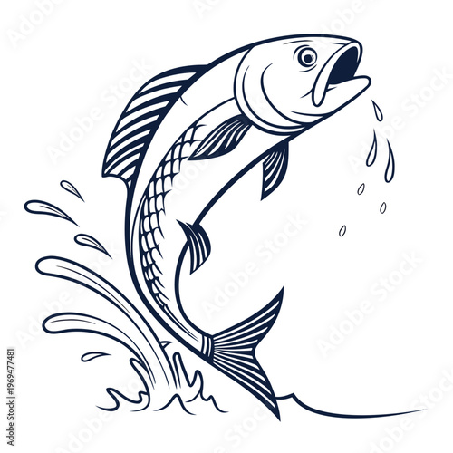Fish jumping out of water with splashing waves and droplets around it in a dynamic scene