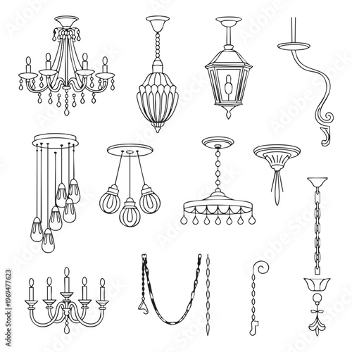 Black and white of various chandeliers and lamps pendant light ceiling light