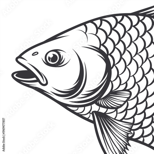 Black and white illustration of a fish with open mouth and scales