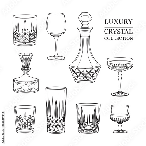 Black and white of various crystal glassware and decanters goblets vases