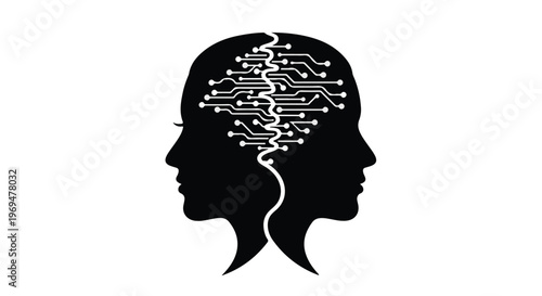Abstract illustration of two intertwined profiles with a digital brain connecting them.