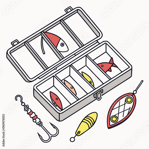 Colorful fishing tackle box with lures and hooks on white background