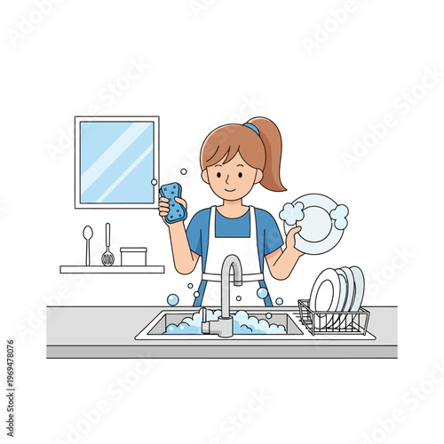 Woman washing dishes in kitchen sink with soap bubbles, domestic chores, illustration