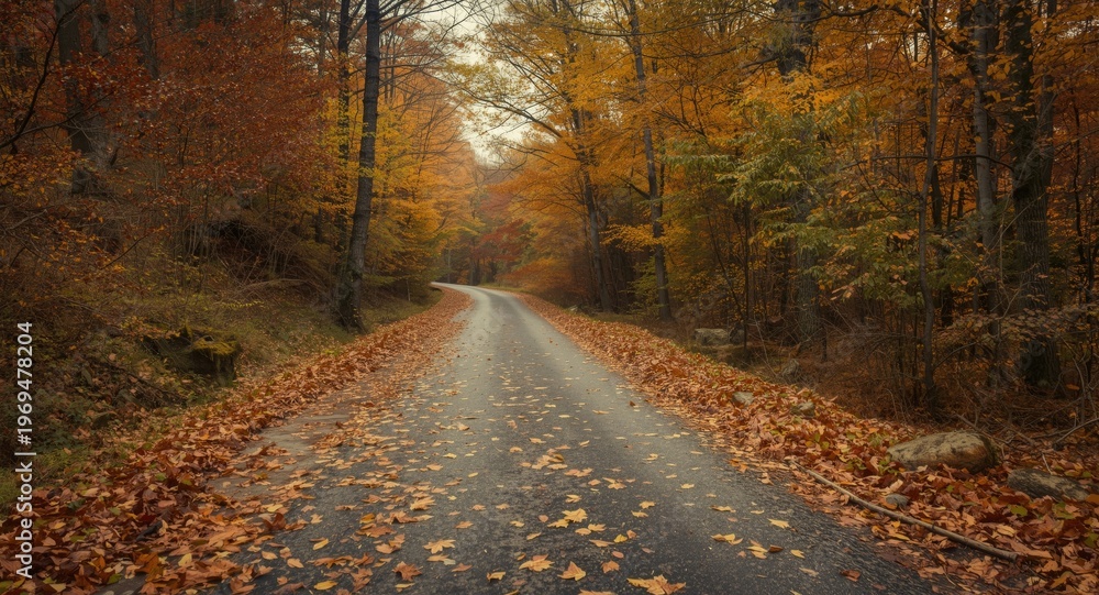 Fototapeta premium Vintage nature banner featuring a winding road through fall woodland