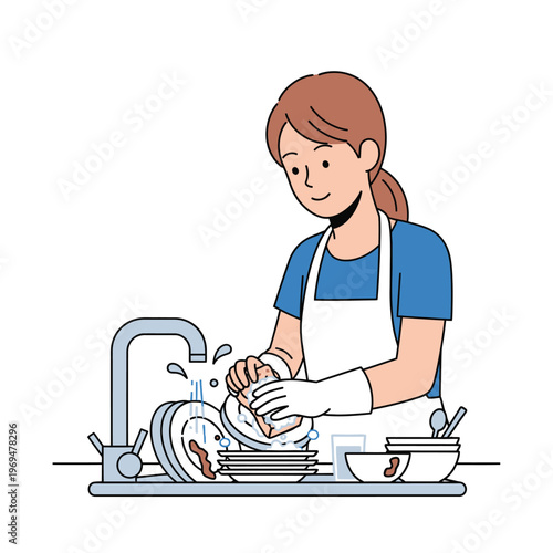 Woman Washing Dishes in Kitchen Sink, Daily Chores, Housework Illustration