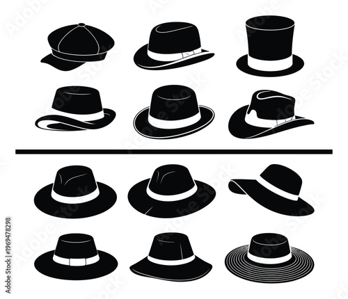 Collection of Black Silhouette Hats on White Background