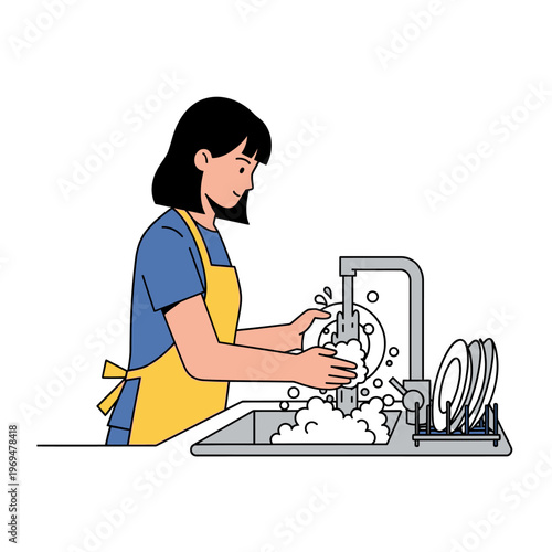 Woman washing dishes with soap and water in kitchen sink, domestic chore illustration
