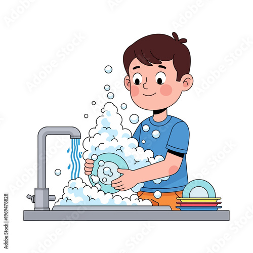 Boy washing dishes in sink with soap bubbles, cartoon illustration