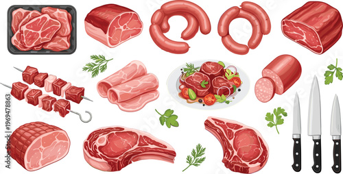 Fresh Cuts of Meat, Sausages, Skewers, and Butcher Tools for Delicious Grilled Meals