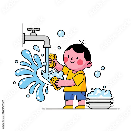 Boy Washing Dishes with Sponge and Bubbles Under Faucet