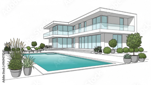 Modern Luxury House with Swimming Pool and Garden Landscape, Contemporary Architecture Exterior Illustration