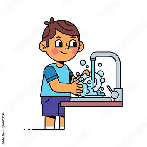 Boy washing dishes, doing chores, cartoon illustration, clean kitchen, helping hands