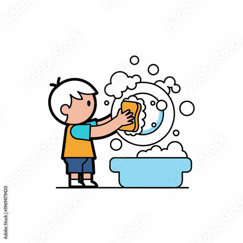 Child washing dishes with sponge, cartoon style, hygiene, chores, clean home