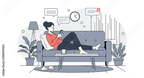 Young woman relaxing on a comfortable sofa in a cozy living room while browsing her smartphone with chat bubbles and clock symbols above.