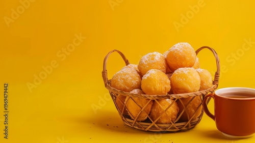 Fresh homemade round doughnuts sprinkled with powdered sugar in a woven basket placed beside a warm cup of coffee against a vibrant solid yellow studio background