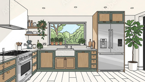 Modern Kitchen Interior with Wooden Cabinets Large Refrigerator and Window Plants, Cozy Home Design Illustration