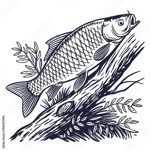 A large fish jumping out of water caught on a tree branch with leaves