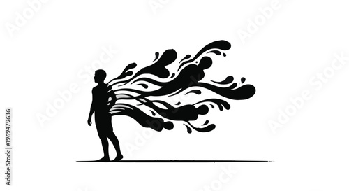 Silhouette of a person with abstract black ink bursting from their back, symbolizing creativity and expression.