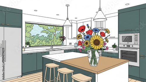 Modern Kitchen Interior with Island Seating and Fresh Flower Vase, Bright Home Design with Natural Light and Minimal Decor Illustration
