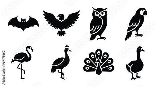 A collection of various bird species depicted in stark black outlines showcasing striking avian forms silhouette high quality professional detailed modern