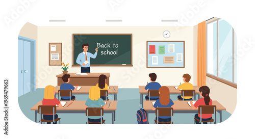Male teacher giving a lesson to a group of young students in a bright and well equipped classroom with a chalkboard and windows.