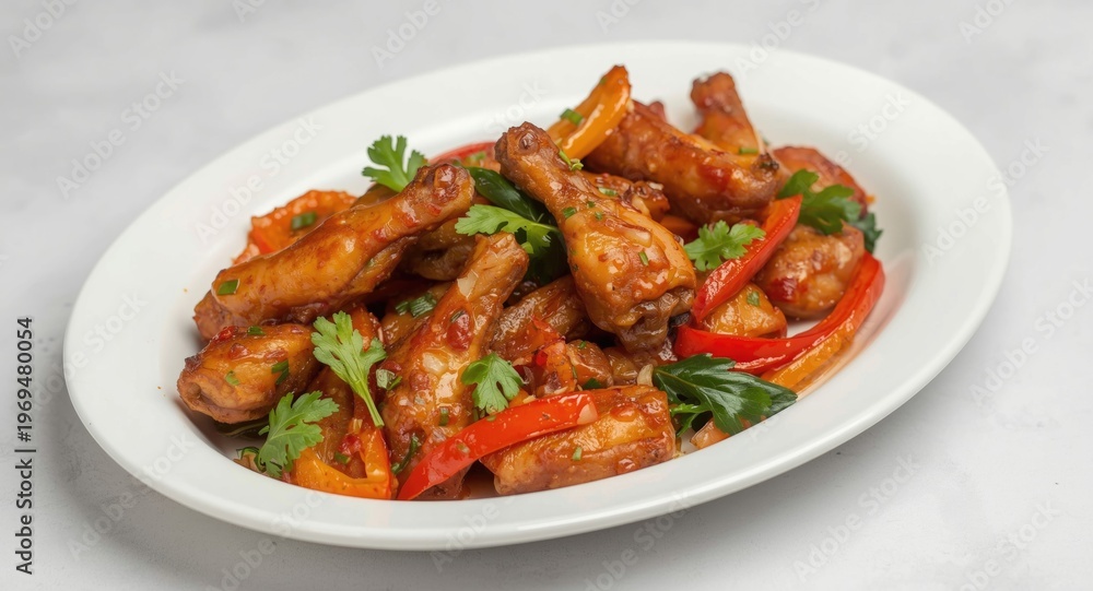 Fototapeta premium Tasty chicken wings stir fry with vibrant bell peppers and fresh greens in a white dish on a plain surface