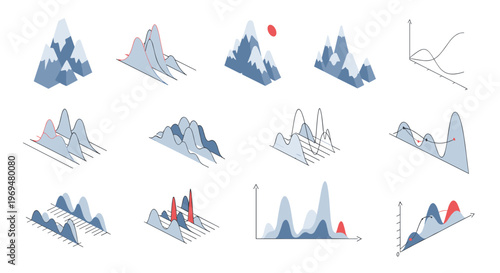 Creative set of data visualization graphics, area charts, and mountain landscapes for business presentations and analytical reports on white.