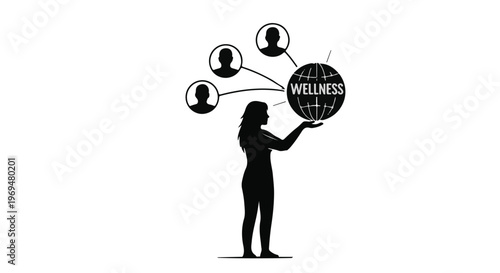 Woman holding globe with "WELLNESS" and connected people icons, representing global health and community.